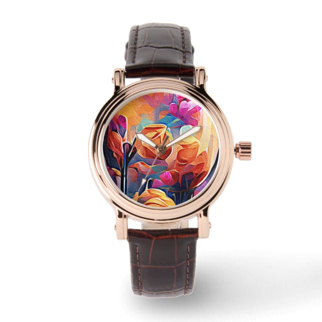 Abstrakte florale Kunst Orange Red Blue Blumen Armbanduhr (Vorderseite)