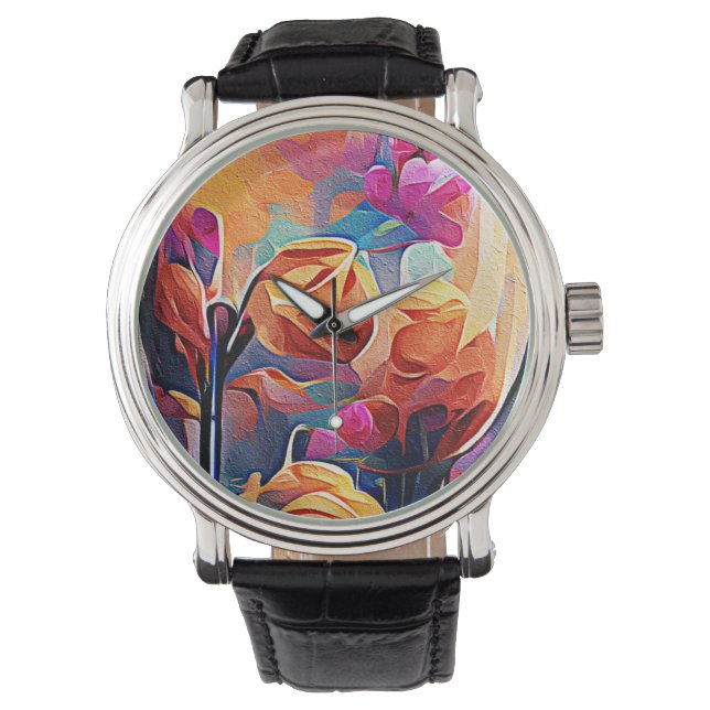 Abstrakte florale Kunst Orange Red Blue Blumen Armbanduhr (Vorderseite)