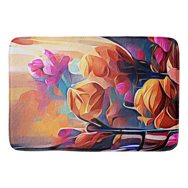 Abstrakte florale Kunst Orange Red Blue Blumen Badematte (Vorderseite)