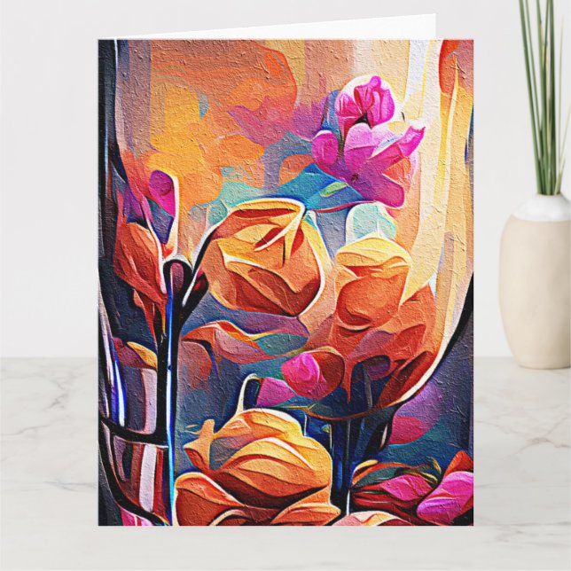 Abstrakte florale Kunst Orange Red Blue Blumen Dankeskarte (Vorderseite)