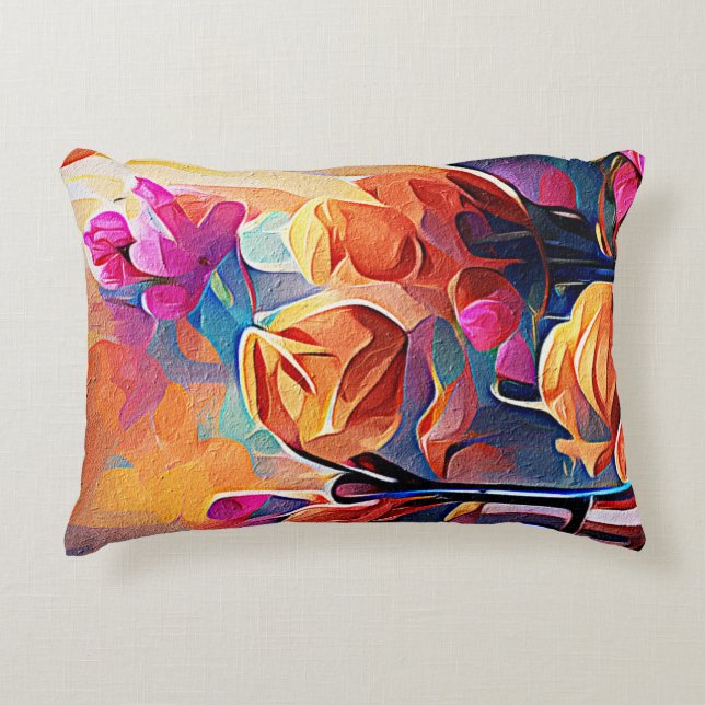 Abstrakte florale Kunst Orange Red Blue Blumen Dekokissen (Vorderseite)