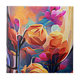 Abstrakte florale Kunst Orange Red Blue Blumen Fliese