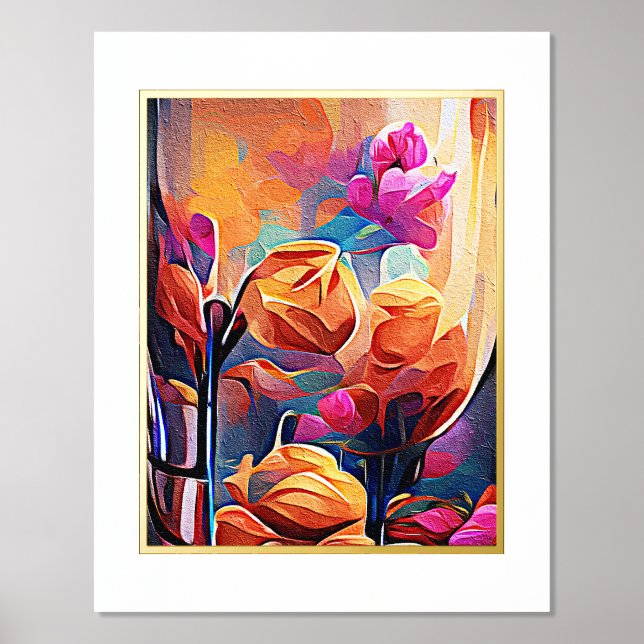 Abstrakte florale Kunst Orange Red Blue Blumen Foliendrucke (Vorderseite)