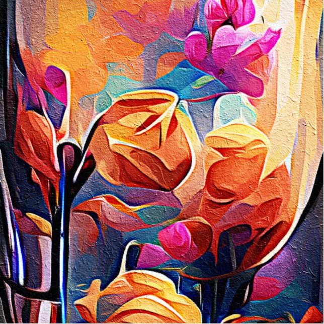 Abstrakte florale Kunst Orange Red Blue Blumen Freistehende Fotoskulptur (Vorne)