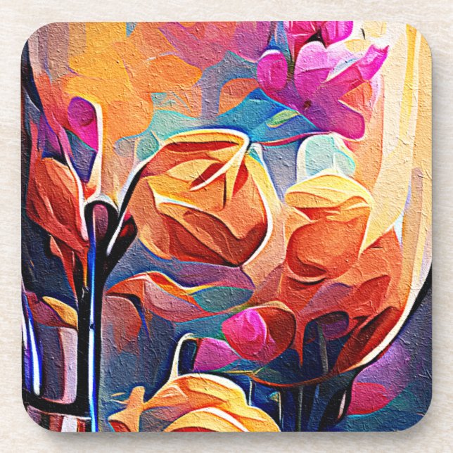 Abstrakte florale Kunst Orange Red Blue Blumen Getränkeuntersetzer (Vorderseite)