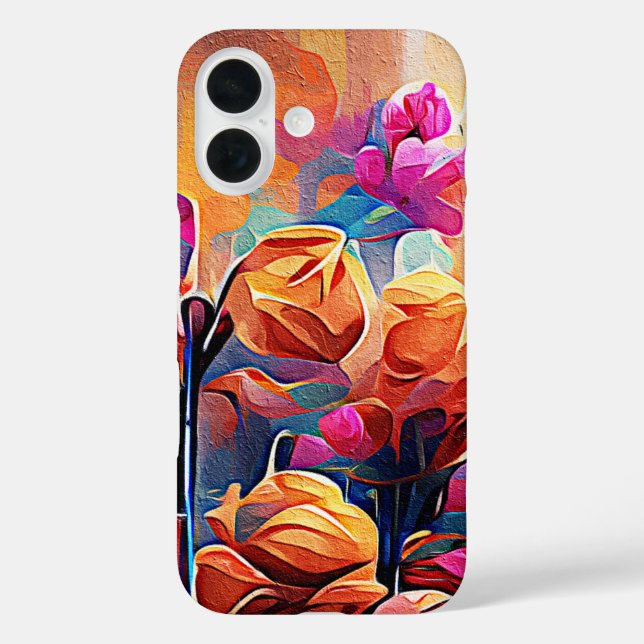 Abstrakte florale Kunst Orange Red Blue Blumen iPhone 16 Hülle (Rückseite)