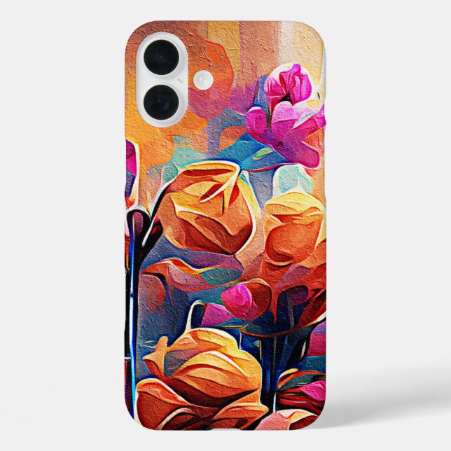 Abstrakte florale Kunst Orange Red Blue Blumen iPhone 16 Plus Hülle (Rückseite)