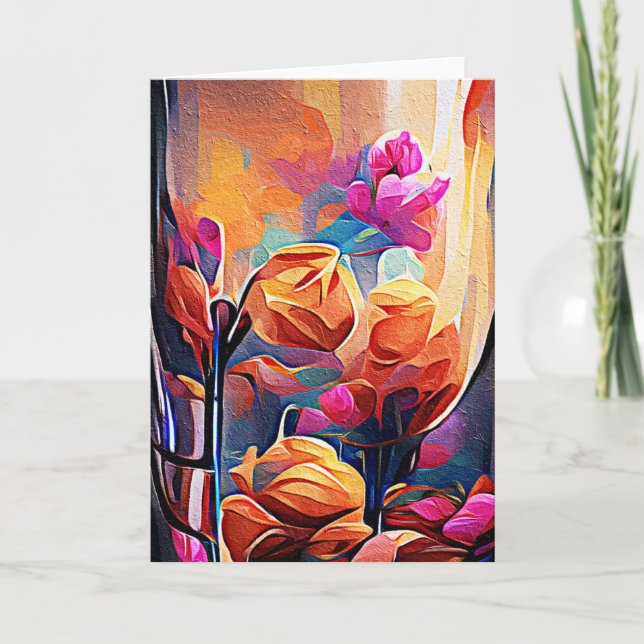 Abstrakte florale Kunst Orange Red Blue Blumen Karte (Vorderseite)