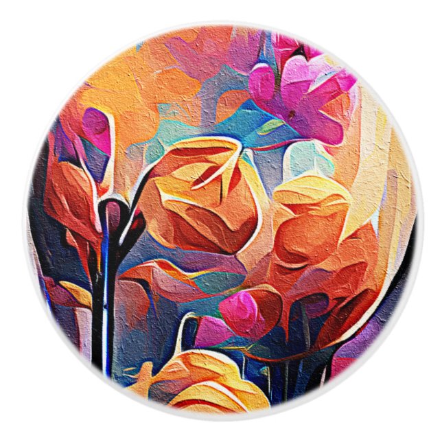 Abstrakte florale Kunst Orange Red Blue Blumen Keramikknauf (Vorderseite)