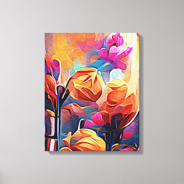 Abstrakte florale Kunst Orange Red Blue Blumen Leinwanddruck (Vorderseite)