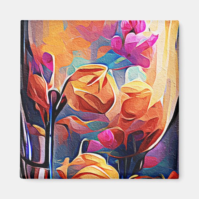 Abstrakte florale Kunst Orange Red Blue Blumen Magnet (Vorne)