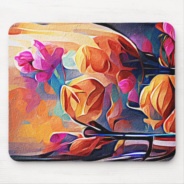 Abstrakte florale Kunst Orange Red Blue Blumen Mousepad (Vorne)