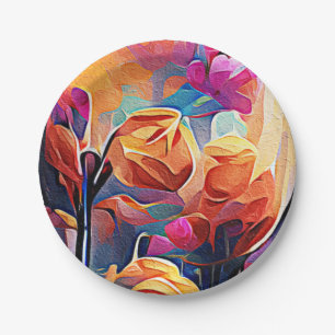 Abstrakte florale Kunst Orange Red Blue Blumen Pappteller