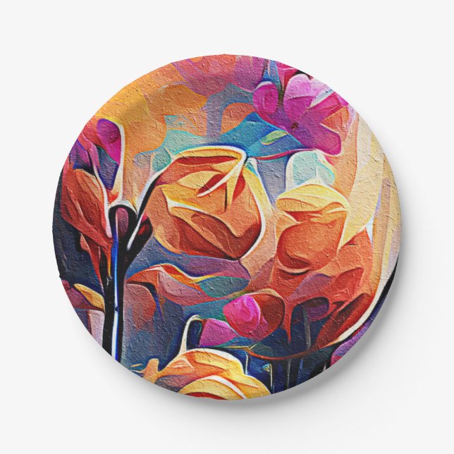 Abstrakte florale Kunst Orange Red Blue Blumen Pappteller (Vorderseite)