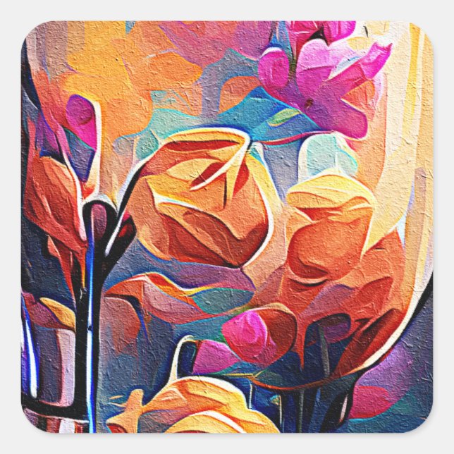 Abstrakte florale Kunst Orange Red Blue Blumen Quadratischer Aufkleber (Vorderseite)
