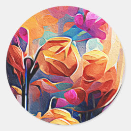 Abstrakte florale Kunst Orange Red Blue Blumen Runder Aufkleber