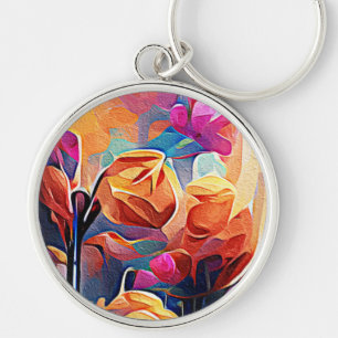 Abstrakte florale Kunst Orange Red Blue Blumen Schlüsselanhänger