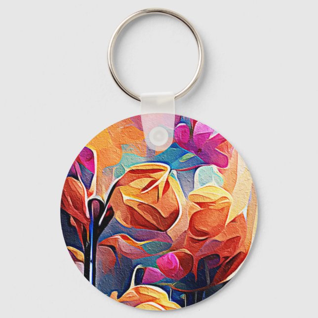 Abstrakte florale Kunst Orange Red Blue Blumen Schlüsselanhänger (Vorderseite)