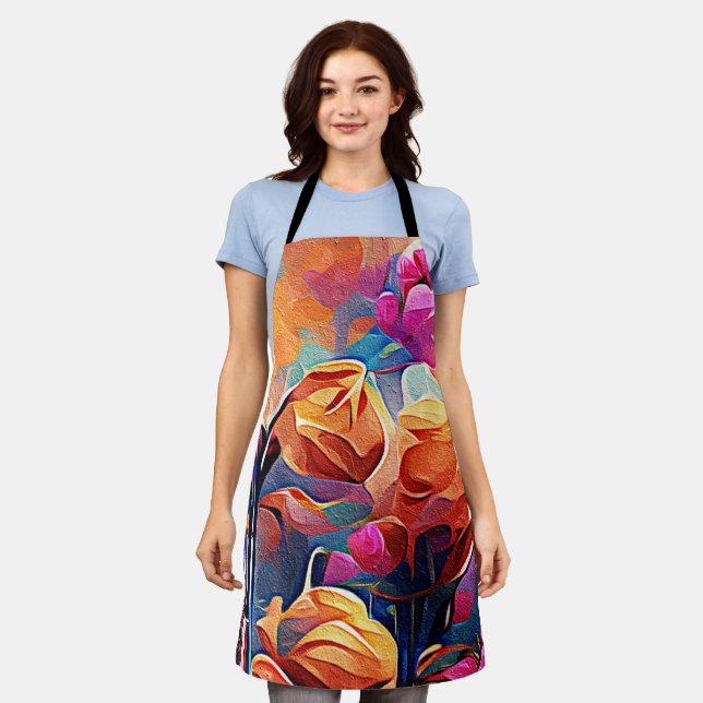 Abstrakte florale Kunst Orange Red Blue Blumen Schürze (Getragen)