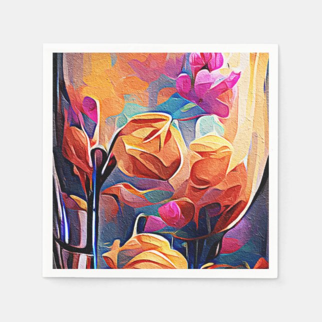 Abstrakte florale Kunst Orange Red Blue Blumen Serviette (Vorderseite)