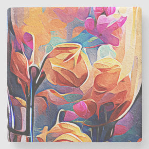 Abstrakte florale Kunst Orange Red Blue Blumen Steinuntersetzer