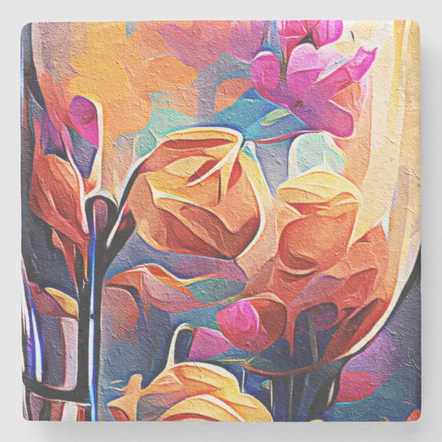 Abstrakte florale Kunst Orange Red Blue Blumen Steinuntersetzer (Vorderseite)