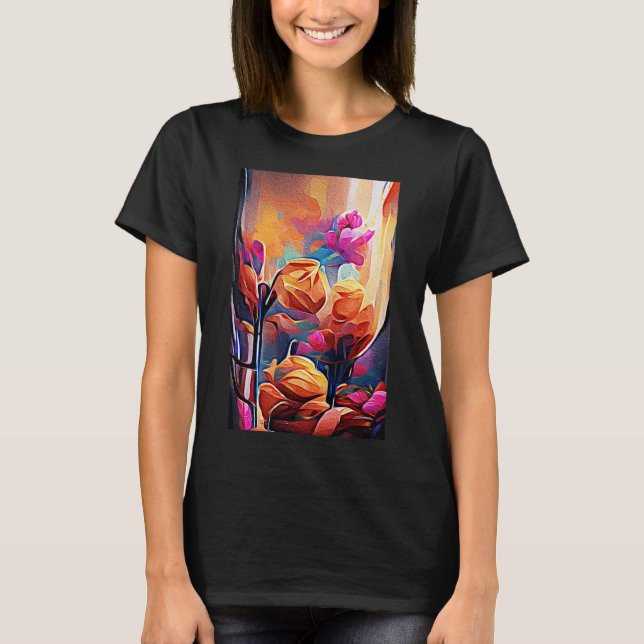 Abstrakte florale Kunst Orange Red Blue Blumen T-Shirt (Vorderseite)