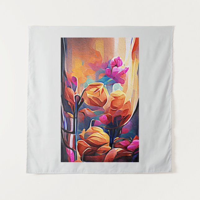 Abstrakte florale Kunst Orange Red Blue Blumen Wandteppich (Vorderseite)
