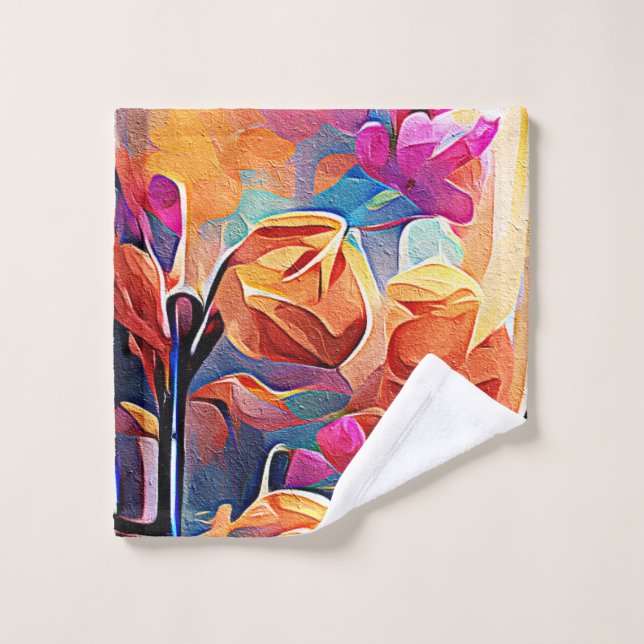 Abstrakte florale Kunst Orange Red Blue Blumen Waschlappen (Waschlappen)