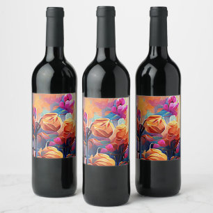 Abstrakte florale Kunst Orange Red Blue Blumen Weinetikett