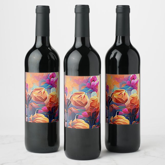 Abstrakte florale Kunst Orange Red Blue Blumen Weinetikett (Flaschen)