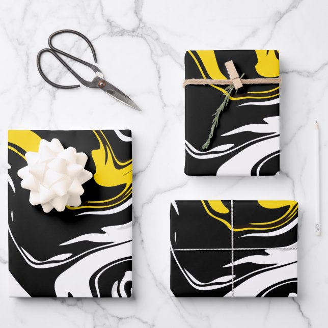 Abstrakte Fluid Art mit schwarz, weiß und gelb Geschenkpapier Set (Vorderseite)