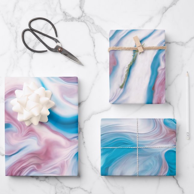 Abstrakte flüssige Tinte in Blau, Rosa und Weiß Geschenkpapier Set (Vorderseite)