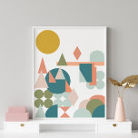 Abstrakte Formen Landschaft Blaue grüne Geometrie Poster<br><div class="desc">Ein spielerisches Muster geometrischer Formen,  das eine abstrakte Landschaft in einer sanften Farbpalette aus aquamarinen,  Senf-,  Korallen-,  Rost- und Moosfarben bildet.</div>
