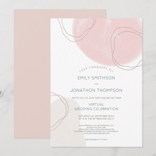 Abstrakte Formen Lines Pink Cream Virtual Wedding Einladung (Vorne/Hinten)