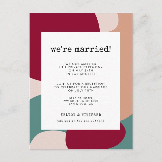 Abstrakte Formen zeitgenössische Hochzeitsankündig Postkarte (Vorderseite)