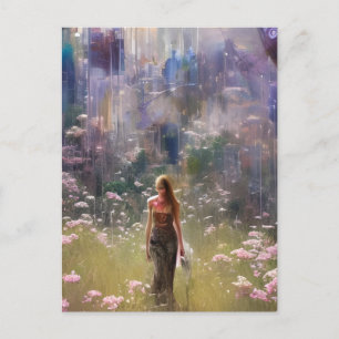 Abstrakte Frau auf einem Blumenfeld Postkarte