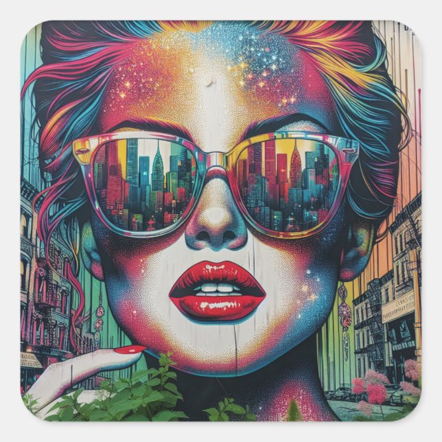 Abstrakte Frau in Sonnenbrille Quadratischer Aufkleber (Vorderseite)
