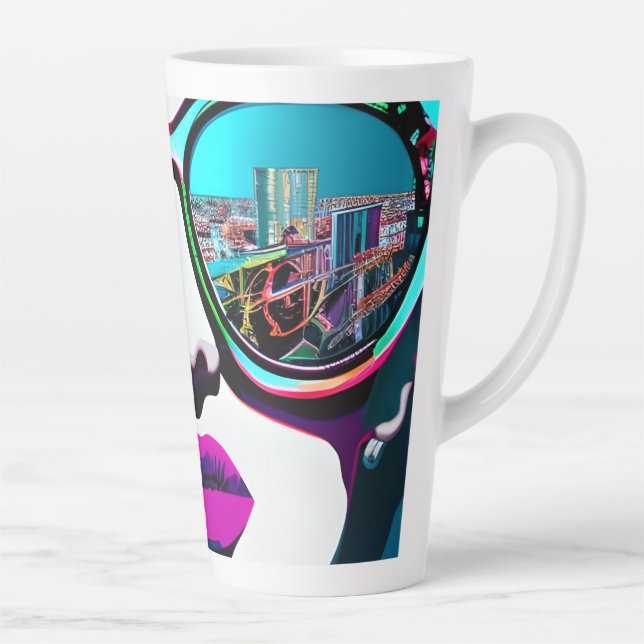 Abstrakte Frau in Sonnenbrille Reflektion Stadt Milchtasse (Rechts)