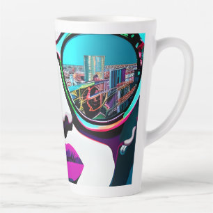 Abstrakte Frau in Sonnenbrille Stadtreflexion Milchtasse