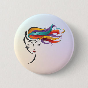 Abstrakte Frau mit farbenfroher Fliegenwelt Kunst Button