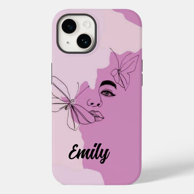 Abstrakte Frau und Schmetterling Line Kunst im Lil Case-Mate iPhone 14 Hülle (Rückseite)