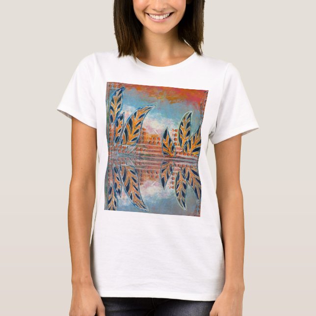 Abstrakte Frauenlandschaft in Orange/Blau Fantasy T-Shirt (Vorderseite)