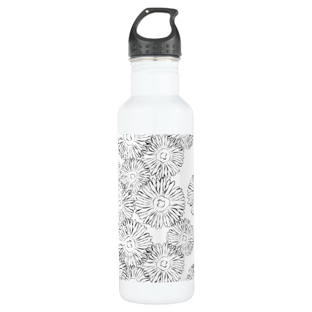 Abstrakte Frühlingsblumen in Schwarz-Weiß Edelstahlflasche (Vorderseite)