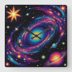 Abstrakte Galaxie-Szene mit Sternen, Planeten Quadratische Wanduhr
