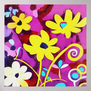Abstrakte gelbe Blumen auf Viva Magenta Poster