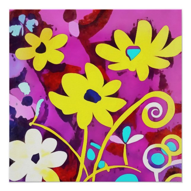 Abstrakte gelbe Blumen auf Viva Magenta Poster (Vorderseite)