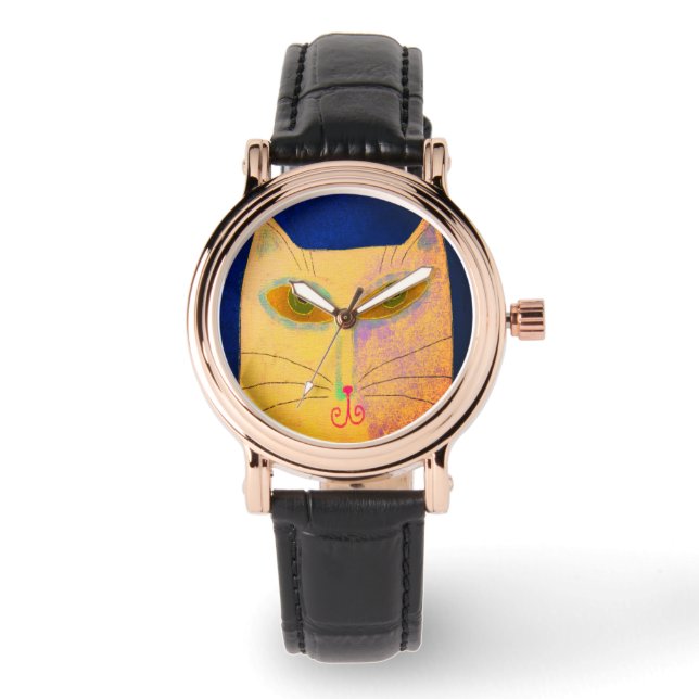 Abstrakte Gelbe Katze Kunst zu tragen Armbanduhr (Vorderseite)