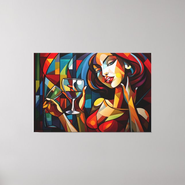 Abstrakte Gemäldefrau mit Weinglas Leinwanddruck (Vorderseite)