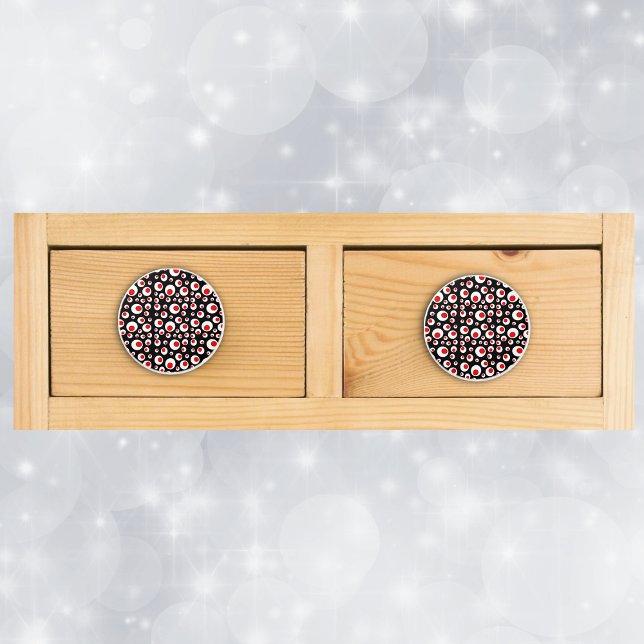 Abstrakte geometrische Coole rote Kreise Keramikknauf (Bright geometric abstract circles in red and white on black drawer knob pulls.)